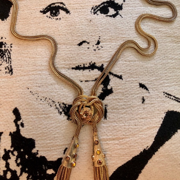 Vintage Gold Crystal Rhinestone Tassel Necklace - Picture 8 of 9